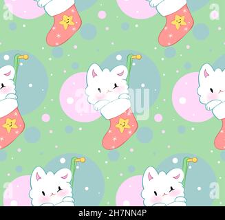 Ornamento senza cuciture con simpatici gattini in stile kawaii. Modello vettoriale. Buon Natale gatti. Illustrazione Vettoriale