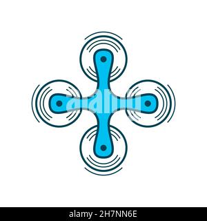 Icona della vista dall'alto del drone blu. Drone volante con lame rotanti (rotori). Quadricotteri con quattro eliche. Segnale antenna veicolo senza equipaggio. Isolato su bianco Illustrazione Vettoriale