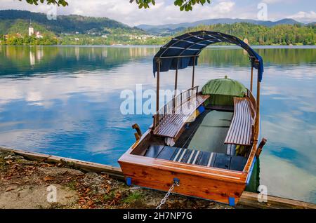 Barca turistica sul lago di Bled. Noleggio barca vuoto su un molo. Nessun turista in Slovenia a causa del blocco e della quarantena dei coronavirus Foto Stock