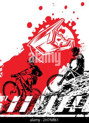 Discesa in mountain bike fondo con silhouette di piloti cranio e chainring. Poster gara bicicletta. Illustrazione Vettoriale