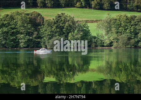 Barca vacanza, vista in estate di una coppia crociera Lago Windermere in una piccola barca da diporto, Lake District, Cumbria, Inghilterra, Regno Unito Foto Stock