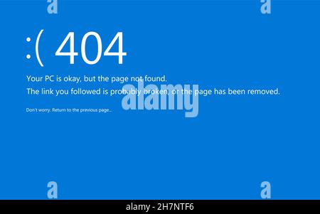Schermata blu della morte. Report crash di sistema ridisegnato come pagina di errore 404 non trovata. Illustrazione Vettoriale
