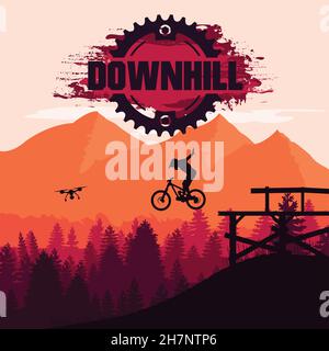 Mountain bike. Discesa, freeride, sport estremo. Silhouette Mountain Biker. Illustrazione Vettoriale