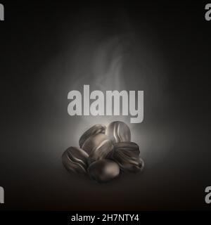 Chicchi di caffè vettoriali realistici. Chicchi di caffè nero scuro arrostiti su mazzo con fumo. Primo piano. Illustrazione Vettoriale