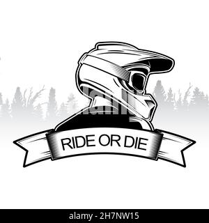 Design con logo Extreme Sport. Modello con logo Motocross Downhill Mountain Biking. Vista laterale dell'uomo con casco integrale. Illustrazione Vettoriale
