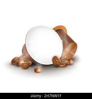 Cialde di caffè per macchina espresso. Caffè in capsule con chicchi di caffè isolati su sfondo bianco. Illustrazione Vettoriale