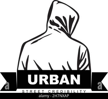 Uomo in felpa con cappuccio. Design del logo. Design urbano. Fight club. Illustrazione Vettoriale