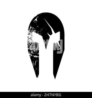 Silhouette di casco spartiano con cicatrici a spada. Illustrazione vettoriale isolata su sfondo bianco. Illustrazione Vettoriale