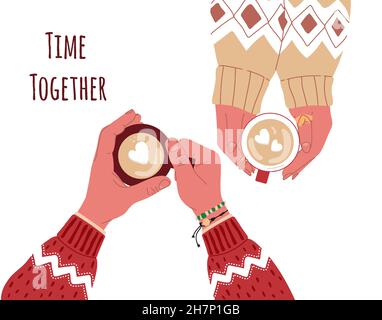 Сouple in amore tenendo tazze di caffè con cuore a forma di marshmallows a casa.la stagione fredda è un momento per bevande calde e tempo together.A uomo e una donna Illustrazione Vettoriale