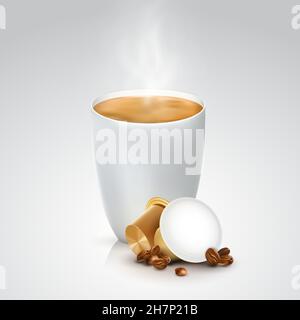 Capsule marroni per macchina da caffè. Tazza di caffè caldo con cialde e chicchi di caffè su sfondo bianco. Illustrazione vettoriale realistica 3D. Illustrazione Vettoriale