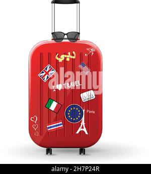 Borsa da viaggio con adesivi. Valigia rossa lucida con occhiali da sole sulla parte superiore. Viaggi nel mondo. Illustrazione vettoriale. Illustrazione Vettoriale