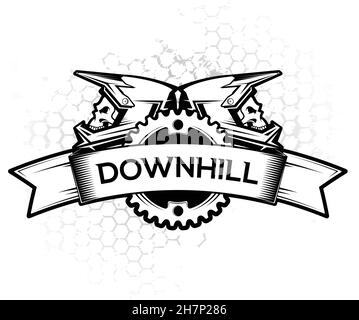 Logo con anello a catena a nastro e casco integrale. Downhill Motocros Label Design. Discesa, Freeride, Enduro, MTB. Ilustration vettore. Illustrazione Vettoriale