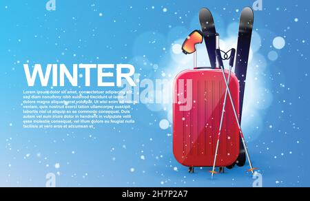 Borsa da viaggio con attrezzatura da sci. Winter banner concept. Caduta di neve. Vettore. Illustrazione Vettoriale