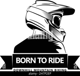 Ritorno dell'uomo con casco integrale da motocross. Modello con logo Extreme Sport. Posiziona per testo. Discesa in mountain bike. Illustrazione Vettoriale