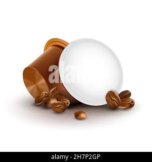 Cialde di caffè per macchina espresso. Caffè in capsule con chicchi di caffè isolati su sfondo bianco. Illustrazione Vettoriale