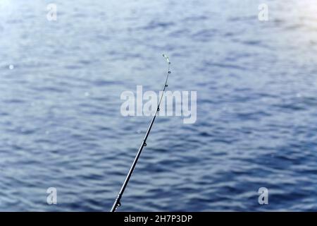 Canna per la pesca in acqua. Nessuna gente. Spazio di copia. Messa a fuoco selettiva Foto Stock