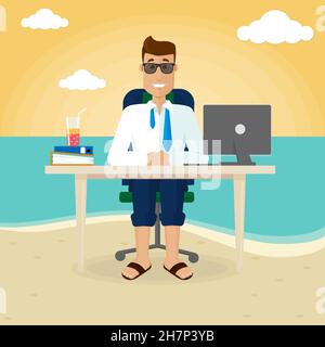 L'uomo d'affari lavora sulla spiaggia vicino al mare. Lavoro freelance fuori dall'ufficio, lavoro-vita Balance.Vector illustrazione in stile piatto. Illustrazione Vettoriale