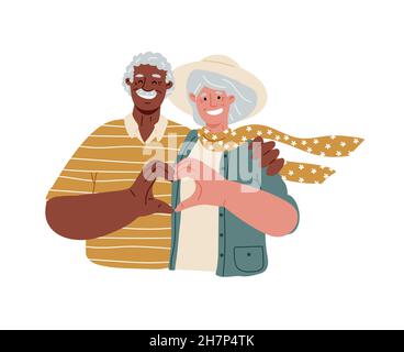 Persone elderose in piedi su sfondo bianco facendo il cuore con le loro dita e sorridente, amore, romantico relationsets.multiracial coppia di persone anziane, h Illustrazione Vettoriale