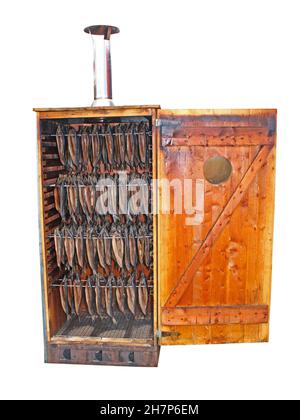 Un armadietto mobile di legno per fumare i peperoni. Foto Stock