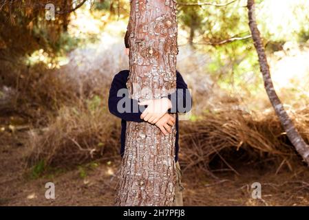 Dettaglio delle mani del bambino che abbracciano il tronco di un albero. Foto Stock