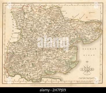 Antica mappa della contea di Essex da JOHN CARY. Profilo originale a colori, 1787 Foto Stock