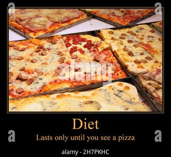 Pizza divertente meme per la condivisione dei social media. Problemi di dieta. Poster dimostrativo. Foto Stock