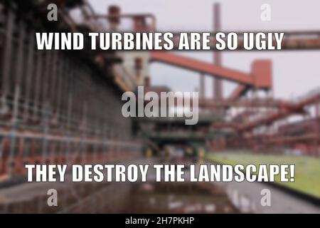 Divertente meme energetico sostenibile per la condivisione dei social media. Gli oppositori di energia rinnovabile scherzano. Foto Stock