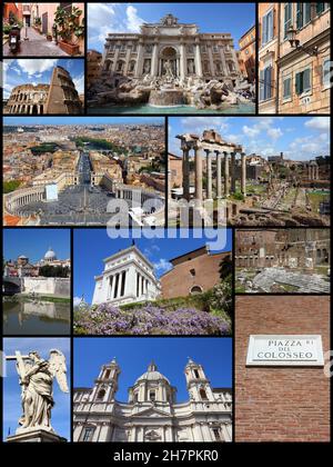 Roma, Italia - collage di foto di viaggio con il Foro Romano, il Vaticano, il Colosseo e la Fontana di Trevi. Foto Stock