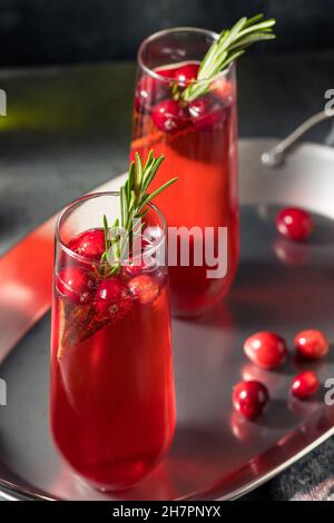 Boozy Holiday Cranberry Champagne Poinsettia cocktail con Rosemary Foto Stock