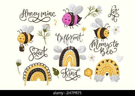 Bee Cartoon illustrazione raccolta e citazione di lettering. Baby shower saluto stampa, bambino felice set Illustrazione Vettoriale