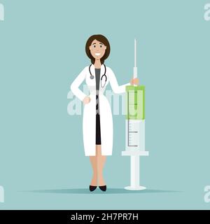 La dottoressa sorride e si trova accanto ad una siringa grande. Una siringa con un vaccino. Tempo di vaccinare un bambino, adulti. Illustrazione Vettoriale