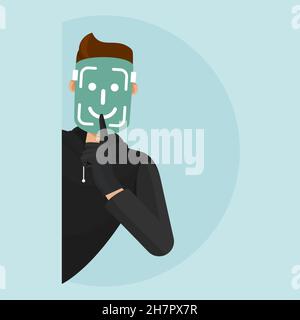 Il crook sbircia da dietro l'angolo, un dito che ricopre la roccia come segno di silenzio. Il ladro ruba il Face id e ottiene l'accesso al ph Illustrazione Vettoriale