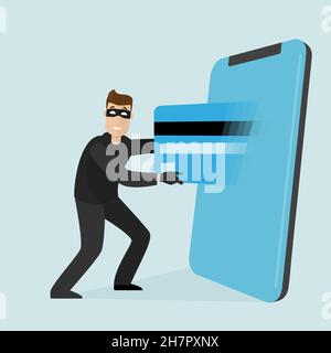 Un ladro tira una carta di credito da un telefono cellulare. Furto di dati da un telefono. Moderna illustrazione vettoriale in stile piatto. Illustrazione Vettoriale