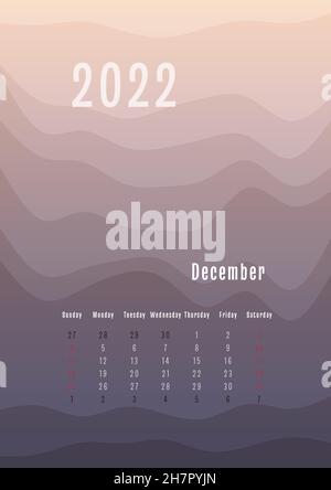 calendario verticale del 2022 dicembre ogni mese separatamente. modello di pianificazione personale mensile. Silhouette Peak astratta sfumatura sfondo colorato, design per stampa e digitale. Illustrazione Vettoriale