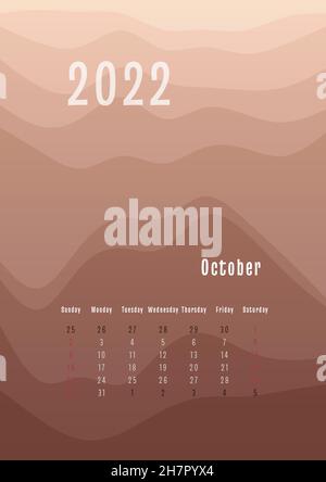 calendario verticale del 2022 ottobre ogni mese separatamente. modello di pianificazione personale mensile. Silhouette Peak astratta sfumatura sfondo colorato, design per stampa e digitale. Illustrazione Vettoriale