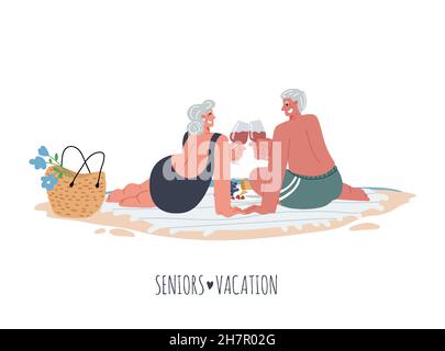 Due persone anziane felici seduti sulla coperta spiaggia bere vino, mangiare, rilassarsi. Donna e uomo anziani fare un pic-nic in riva al mare in estate, vacanza fuori Illustrazione Vettoriale