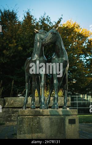 DETMOLD, GERMANIA - Ott 17, 2021: Un colpo verticale della scultura di bronzo Foal gruppo, basato su un disegno di Heinrich Drake Foto Stock