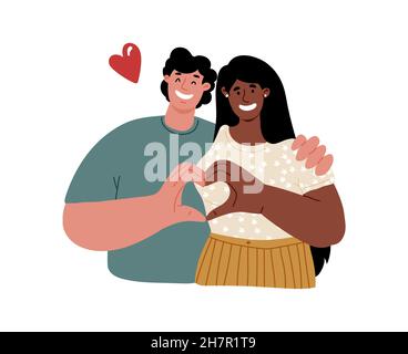 Giovani che fanno il cuore con le loro dita e sorridenti, amore, romantico relationsets.multiracial coppia di uomo e donna.Vector illustrazione piatta. Illustrazione Vettoriale
