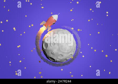 piccolo razzo orbitante sulla luna con una fila di fumo intorno ad esso e uno sfondo di stelle. rendering 3d Foto Stock