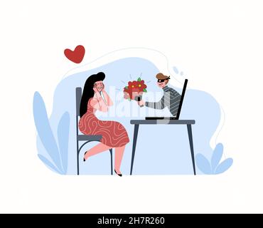 Una ragazza incontra un uomo attraverso un sito di incontri online mentre si siede a casa. L'uomo è un bugiardo e un ladro, cercando di ingannarla e approfittarla Illustrazione Vettoriale