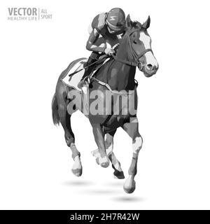 Jockey da corsa a cavallo. Sport. Campione. Pista. Equestre. Derby. Immagine in bianco e nero. Illustrazione vettoriale Illustrazione Vettoriale