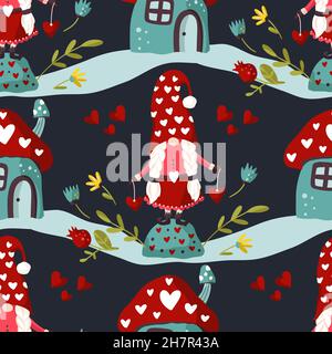 Simpatico gnome senza cuciture pattern, sfondo inverno cartoon bambini Illustrazione Vettoriale