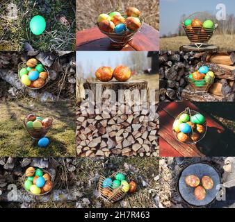 Collage di Pasqua con uova colorate su sfondo naturale Foto Stock