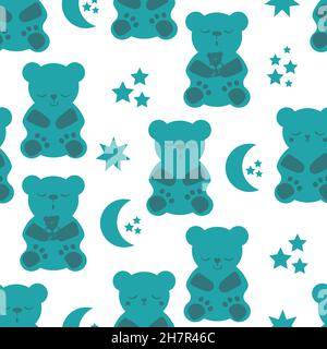 Carino sonno gummie stelle luna vettore senza cuciture pattern sfondo. Sfondo con orsacchiotti di gummy verde blu e forme celesti. Stile Kawaii Illustrazione Vettoriale