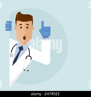 Un medico maschio sbirciava dietro l'angolo con un dito sollevato. Il medico indossa una maschera protettiva e guanti Illustrazione Vettoriale