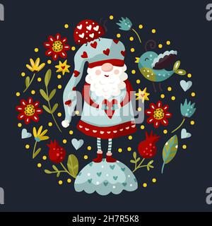 Vettore piccolo carino illustrazione colorata di gnome giardino con cuore, e uccello. Cartoon elf kid illustrazione per la stampa. San Valentino e Natale design. Disegno estivo ornato Illustrazione Vettoriale