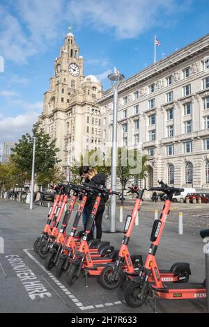 Scooter,elettrici,rosa,rosso,scooter,di,proprietà,della,azienda,voi,presso,Pier Head,Royal Liver Building,sulla,strada,per,noleggio,via,un,app,AS,a,periodo,di,prova,per,vedere,se,sono,sicuri,e,adatti,per,generale,pubblico,uso.illegale,nella,maggior parte,delle,città,in,seyside,Inghilterra,nord,Inghilterra,Inghilterra,Inghilterra,Inghilterra,nord,Inghilterra,Inghilterra,Inghilterra,Inghilterra,Inghilterra,nord,Inghilterra,Inghilterra,Inghilterra,Inghilterra,nord,Inghilterra,Inghilterra,Inghilterra,Inghilterra,nord,Inghilterra,Inghilterra,nord,Inghilterra,Inghilterra,nord,Inghilterra Foto Stock