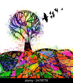 astratto albero multicolore con uccelli volanti. Illustrazione vettoriale Illustrazione Vettoriale