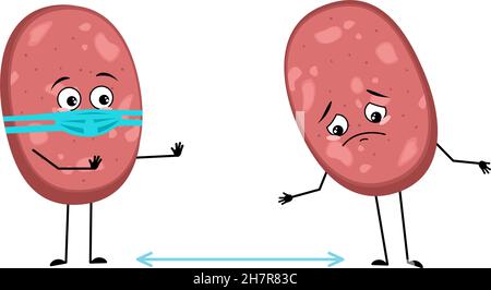 Simpatico personaggio salsiccia con emozioni tristi, viso e maschera mantenere la distanza, braccia e gambe. Pasto divertente o spuntino di carne con espressione di depressione. Illustrazione piatta vettoriale Illustrazione Vettoriale