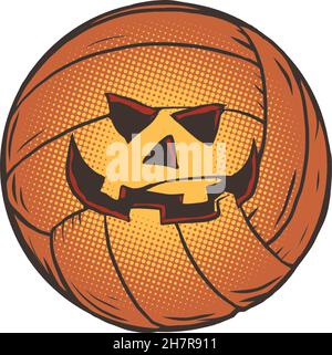 pallavolo sulla faccia di zucca di halloween, articoli sportivi Illustrazione Vettoriale